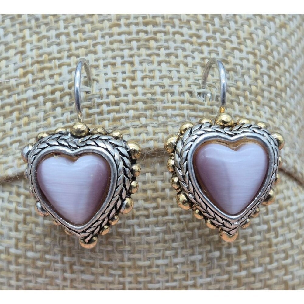 Dangle Heart Earrings Two Tone Silver & Gold with Purple Cats Eye Centers 1"